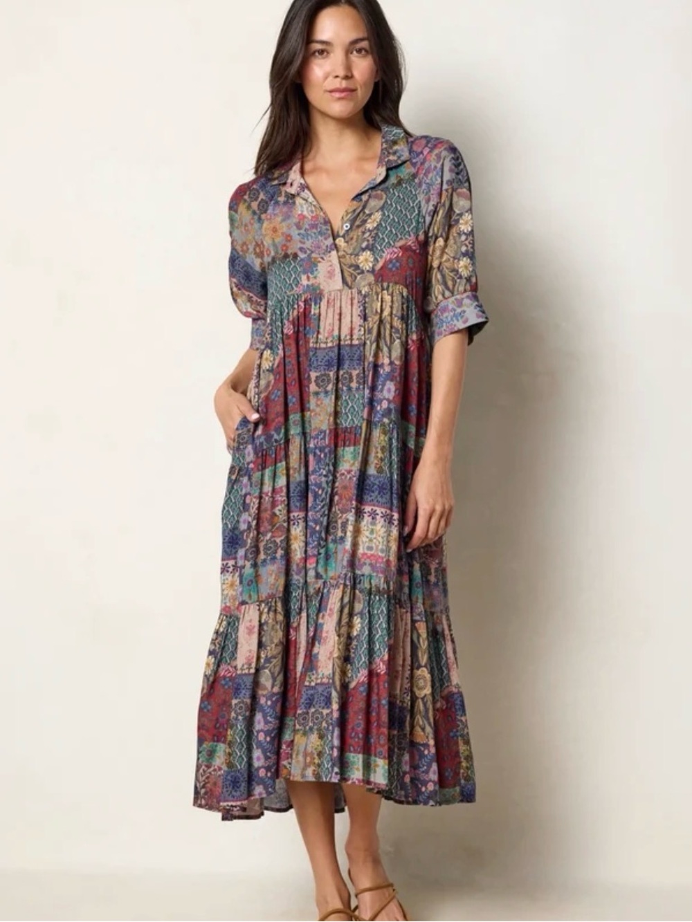 Natural Life Rebecca Midi Dress Floral Patchwork Size Small